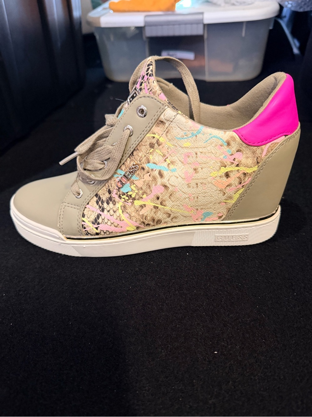 Guess women Taupe Wedge Sneaker with Pink Heel and Multicolor Accents